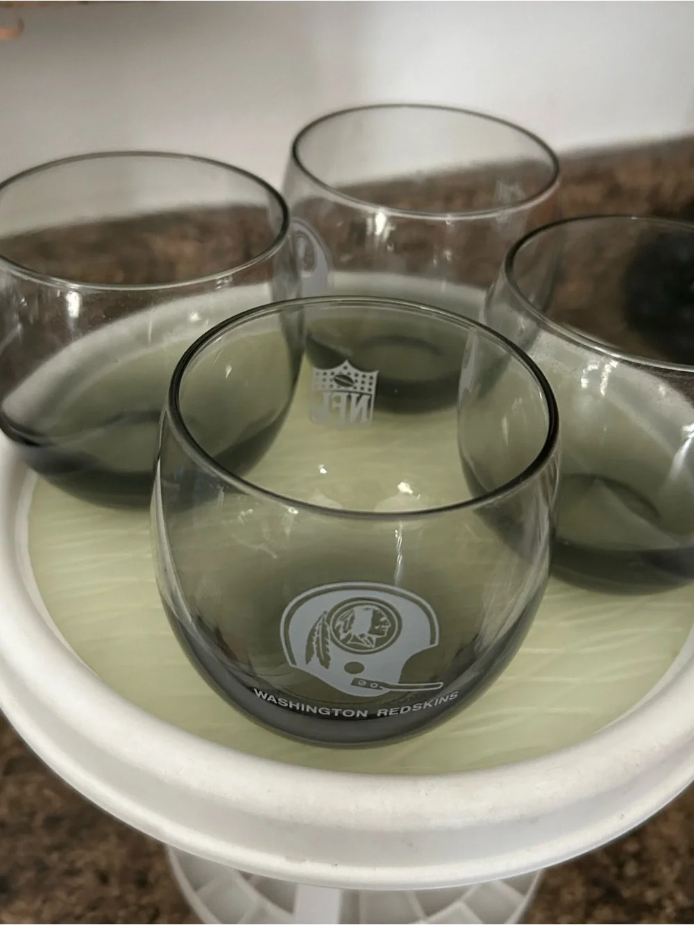 Vtg 1970s NFL Washington Redskins Smoked Glass Roly Poly Whiskey Glasses Set (4)